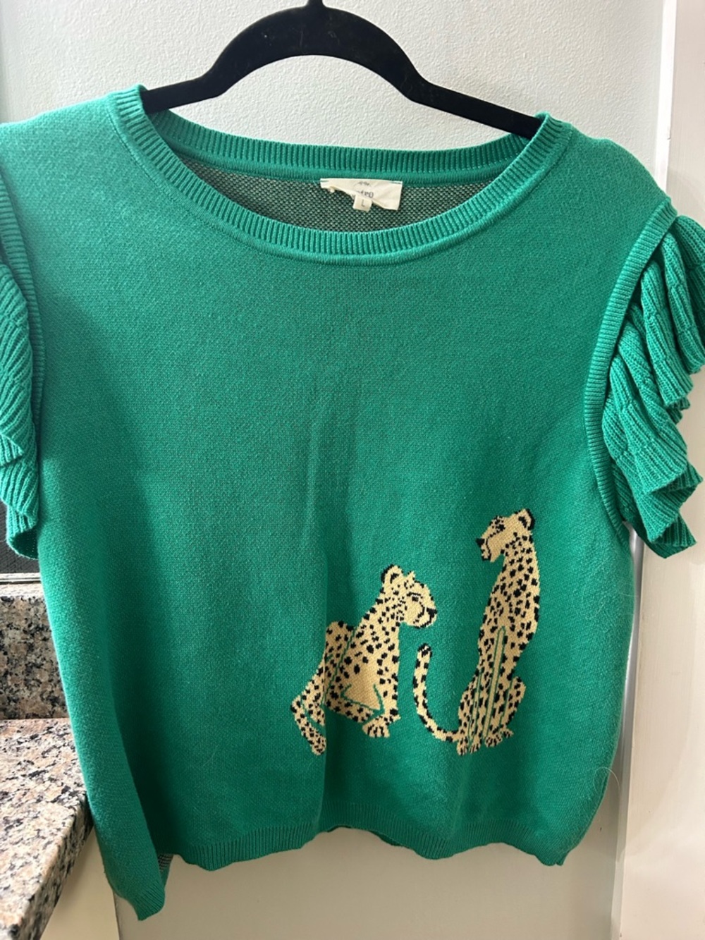 Entro Green Leopard-Print Short Sleeve Sweater Top